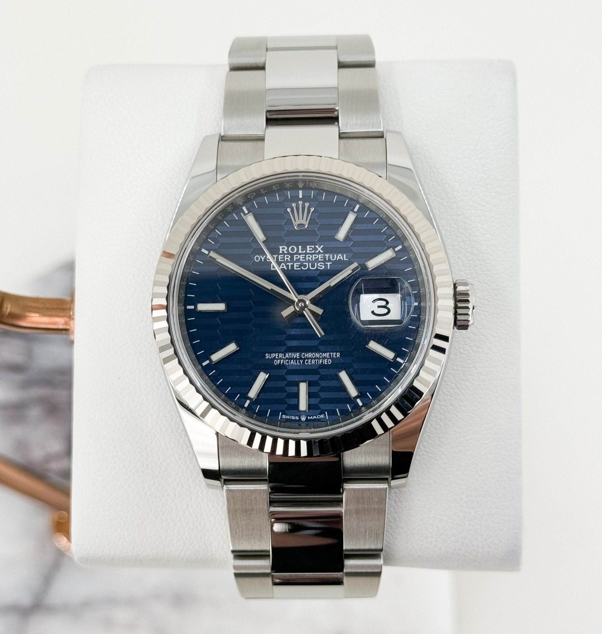 Rolex Datejust 36 White Gold/Steel Blue Motif Index Dial & Fluted Bezel Oyster Bracelet 126234 - Luxury Time NYC
